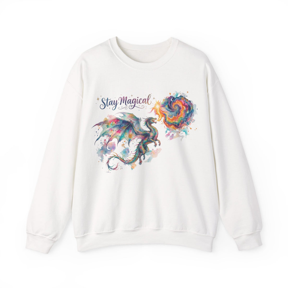 Stay Magical Dragon Sweatshirt | Watercolor Fantasy, Colorful Mythical Art Pullover | Whimsical Cottagecore Wall Sweater