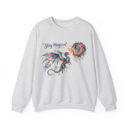 Stay Magical Dragon Sweatshirt | Watercolor Fantasy, Colorful Mythical Art Pullover | Whimsical Cottagecore Wall Sweater