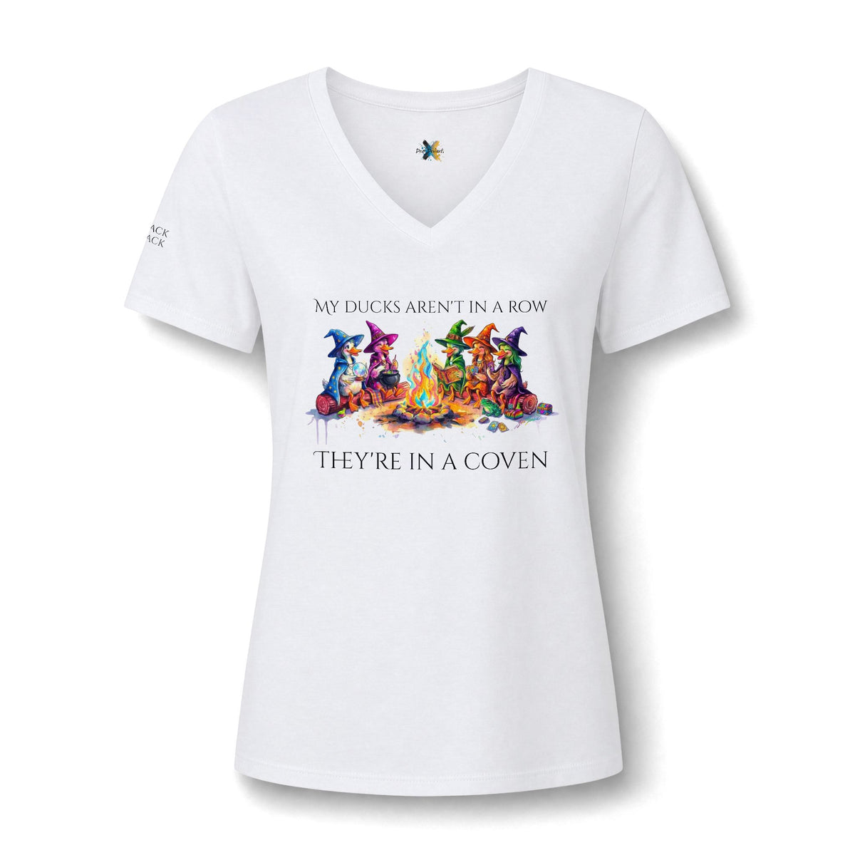 My Ducks Aren't in a Row, They're in a Coven, Colorful Magical Witchy Women's V-Neck T-Shirt