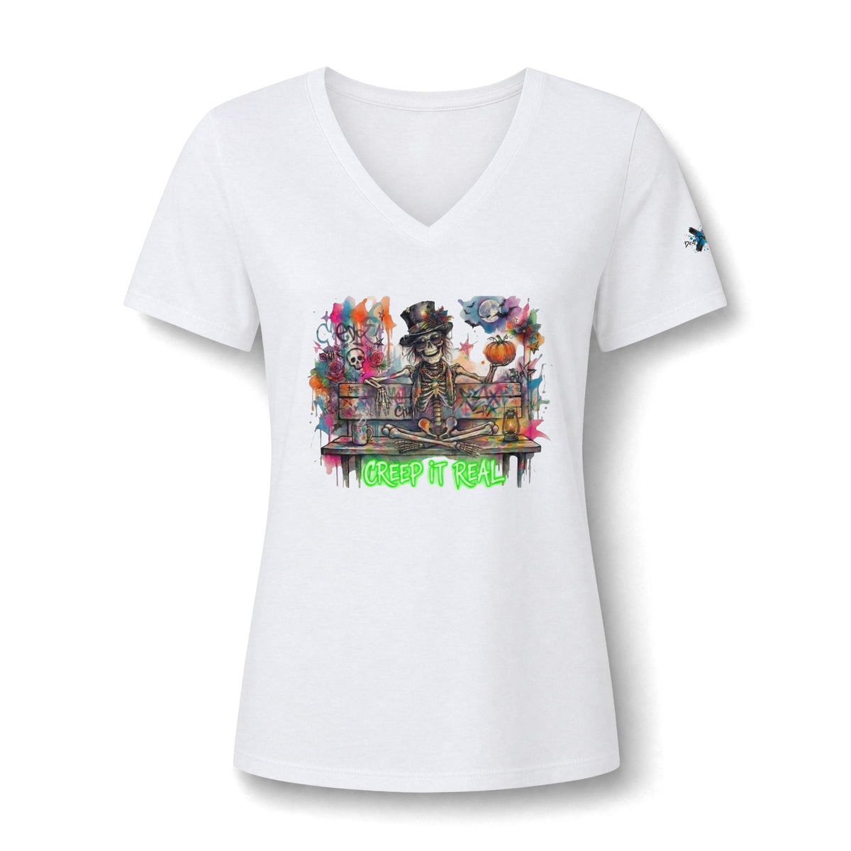 Creep It Real, Happy Skeleton V-Neck T-Shirt