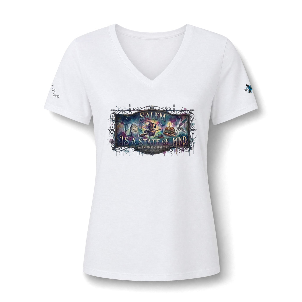 Salem Is a State of Mind, Witchy Vibes Salem, Mass. V-Neck T-shirt with Sleeve Design