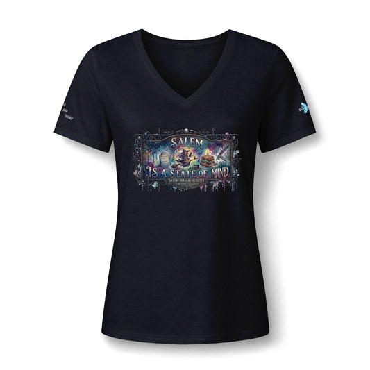 Salem Is a State of Mind, Witchy Vibes Salem, Mass. V-Neck T-shirt with Sleeve Design