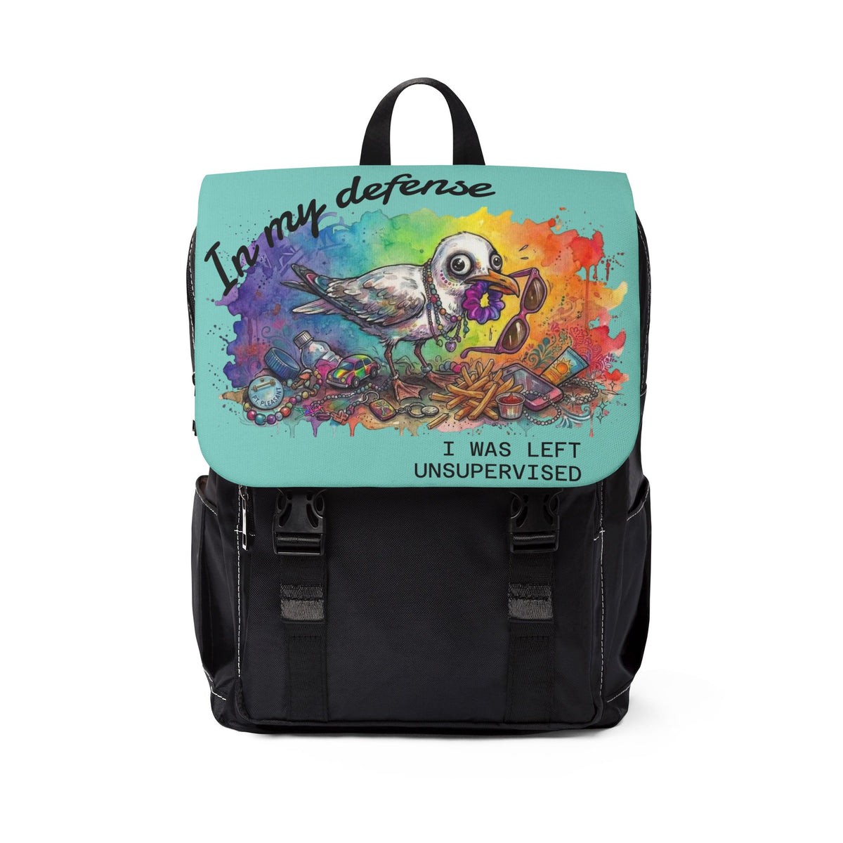 In my Defense I was Left Unsupervised - Funny Colorful Seagull Backpack