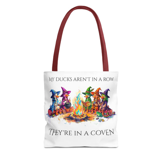 My Ducks Aren't in a Row, They're in a Coven, Colorful Magical Witchy Tote Bag